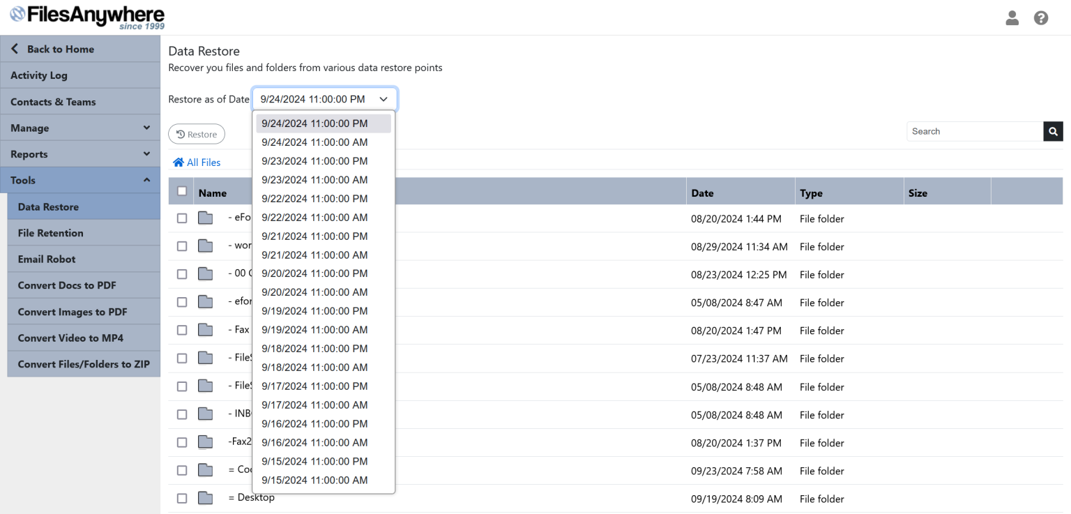 Filesanywhere data restore recovery