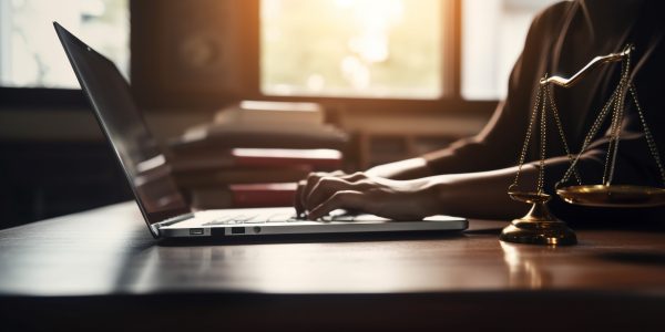 One woman typing on laptop in office generated by artificial intelligence